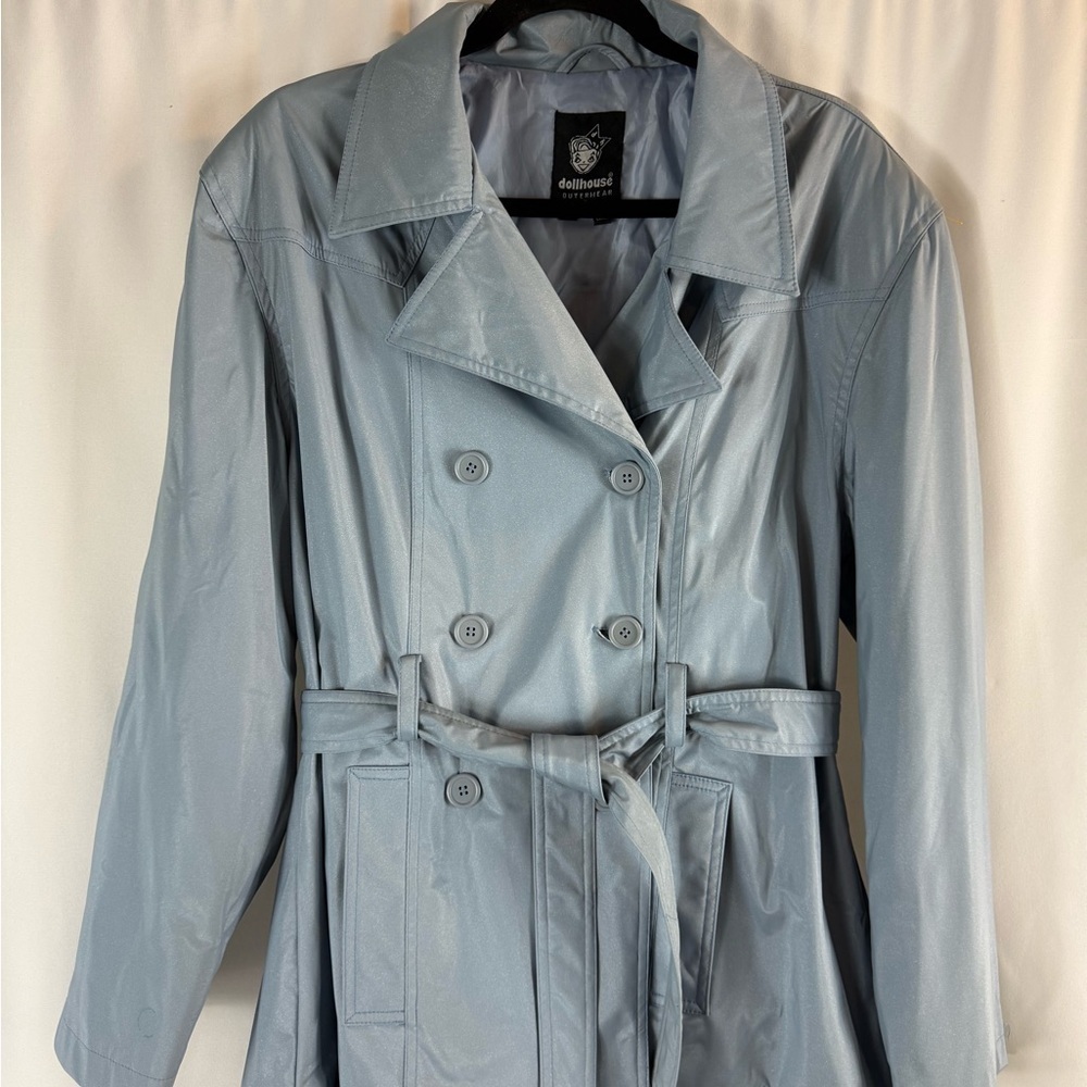 Dollhouse Metallic Baby blu Belted Button Trench Coat SZ:L